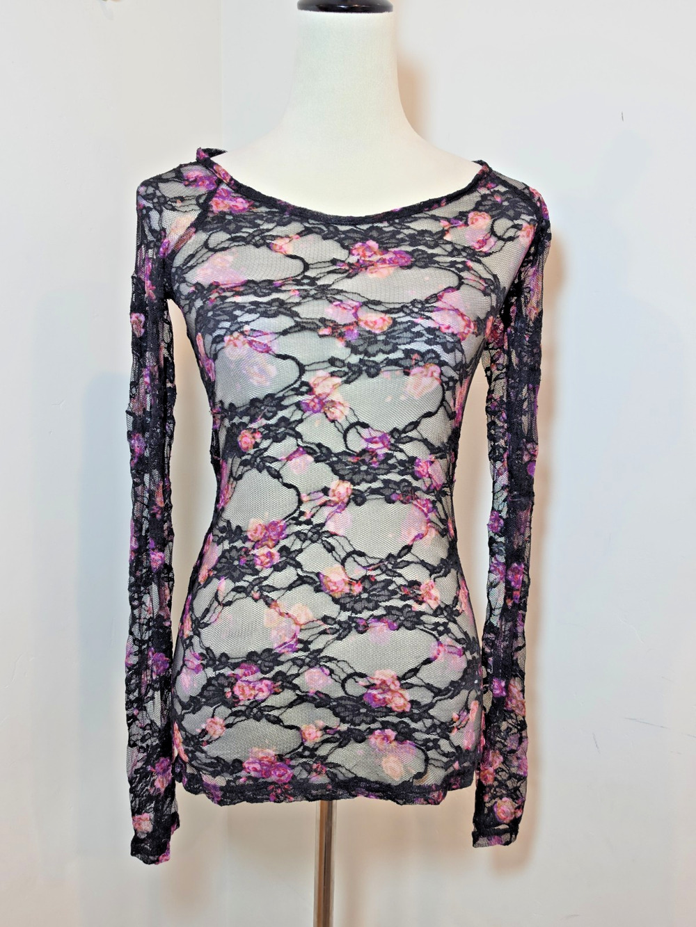 Y2k Kirra Mesh Top Women S Pink Black Floral Dark Fairy Sheer